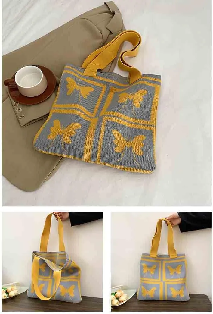 Women's knitted handbag, Butterfly shoulder bag, cute wool woven bag Crochet tote bag Hobo Bags
