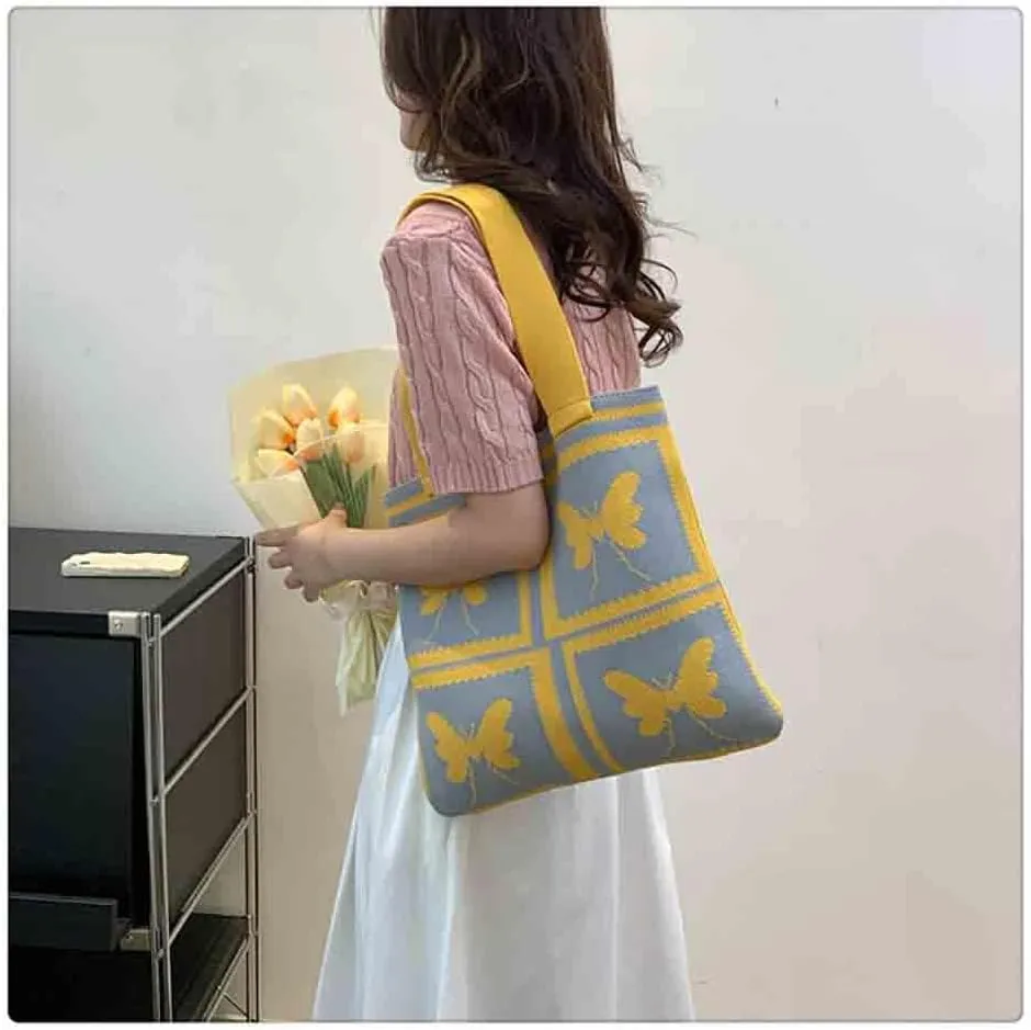 Women's knitted handbag, Butterfly shoulder bag, cute wool woven bag Crochet tote bag Hobo Bags