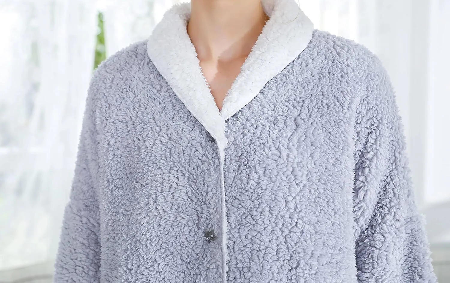 Women's Lilac/Ivory Sherpa Plush Reversible Button Front Bed Jacket