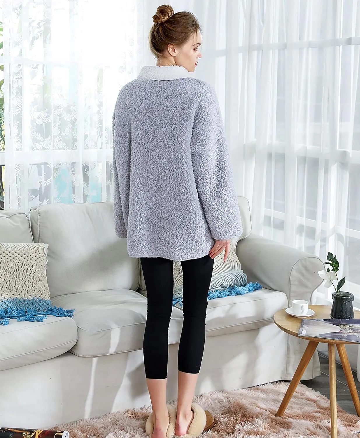Women's Lilac/Ivory Sherpa Plush Reversible Button Front Bed Jacket