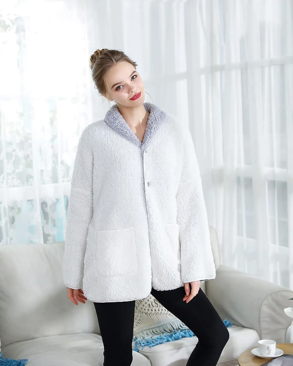 Women's Lilac/Ivory Sherpa Plush Reversible Button Front Bed Jacket