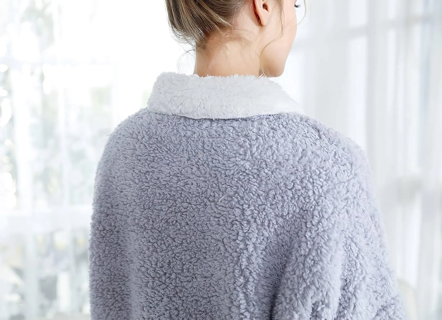 Women's Lilac/Ivory Sherpa Plush Reversible Button Front Bed Jacket