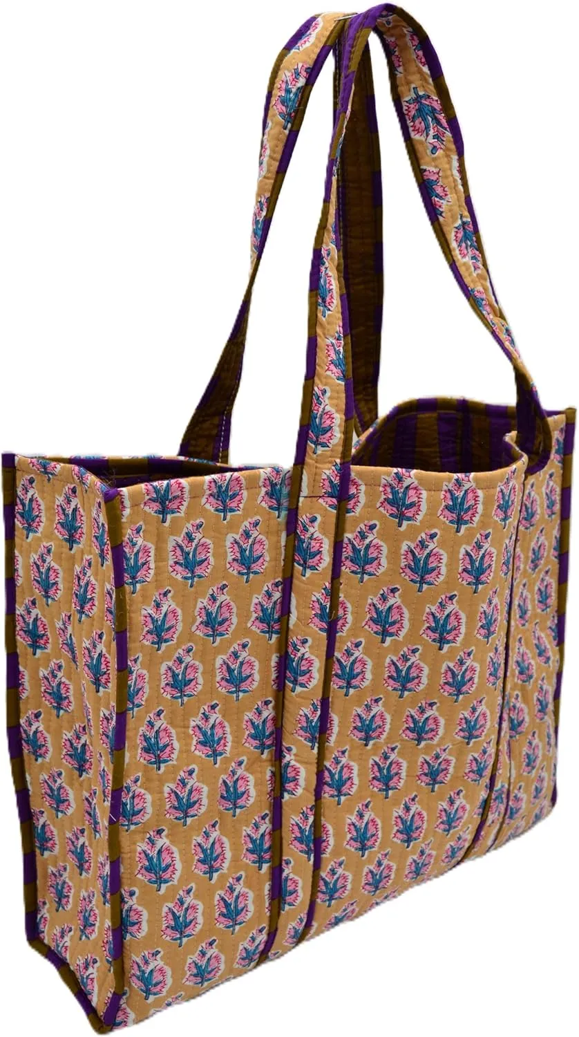 Women's Unique Quilted Large Cotton Fabric Tote Bag Travel Grocery Shopping Weekend Trips with Inside Pocket