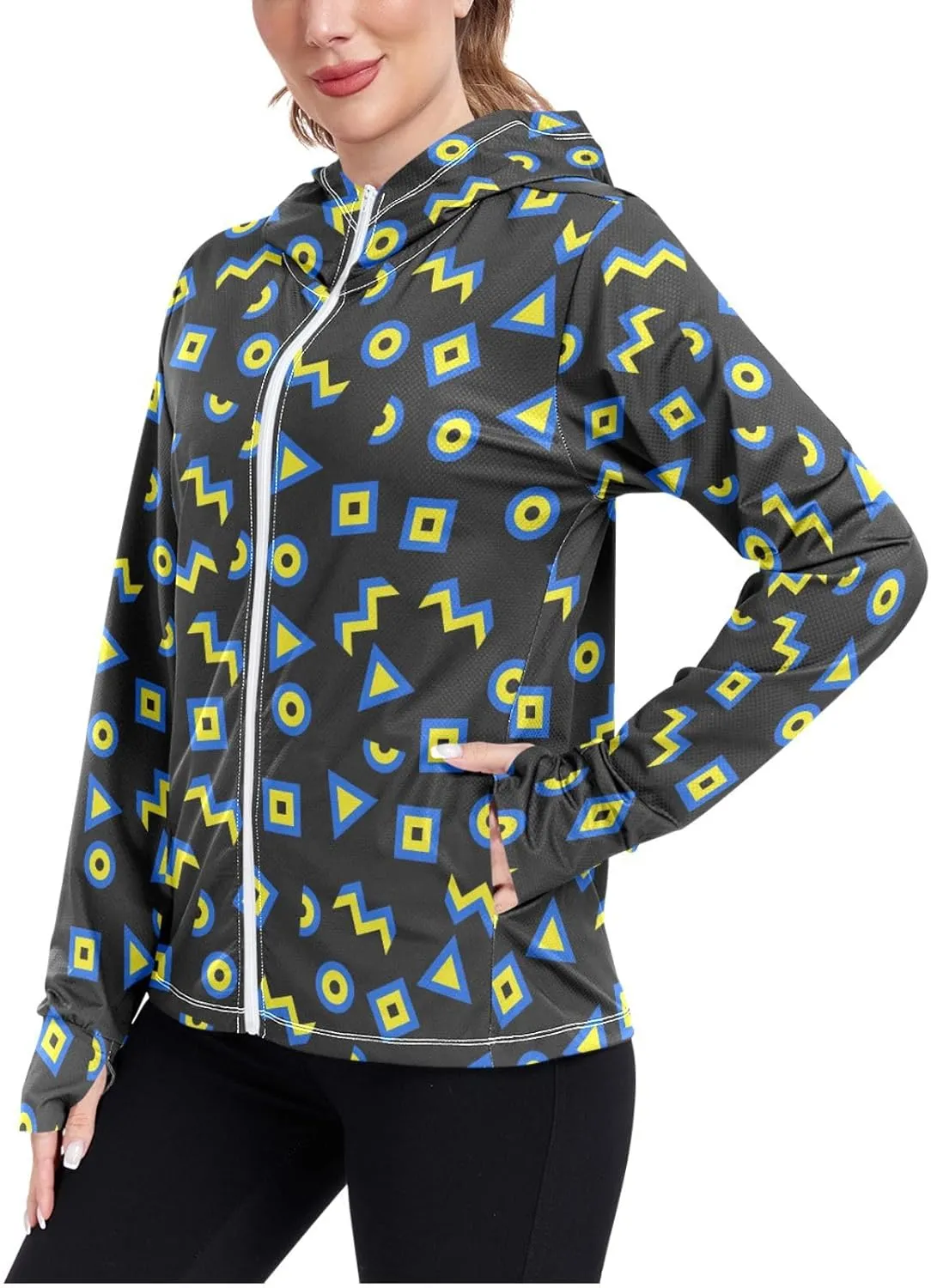 Women'S UPF 50  Uv Sun Protection Clothing 90s Geometric Zipper Jacket Long-Sleeved Hoodie