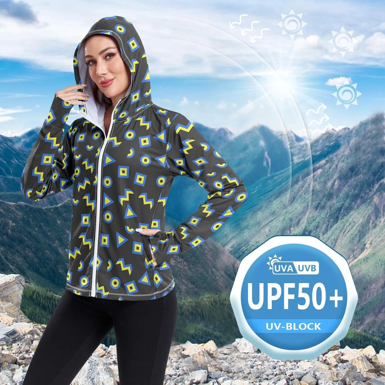 Women'S UPF 50  Uv Sun Protection Clothing 90s Geometric Zipper Jacket Long-Sleeved Hoodie