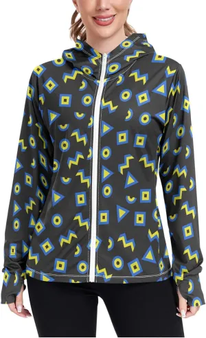 Women'S UPF 50  Uv Sun Protection Clothing 90s Geometric Zipper Jacket Long-Sleeved Hoodie