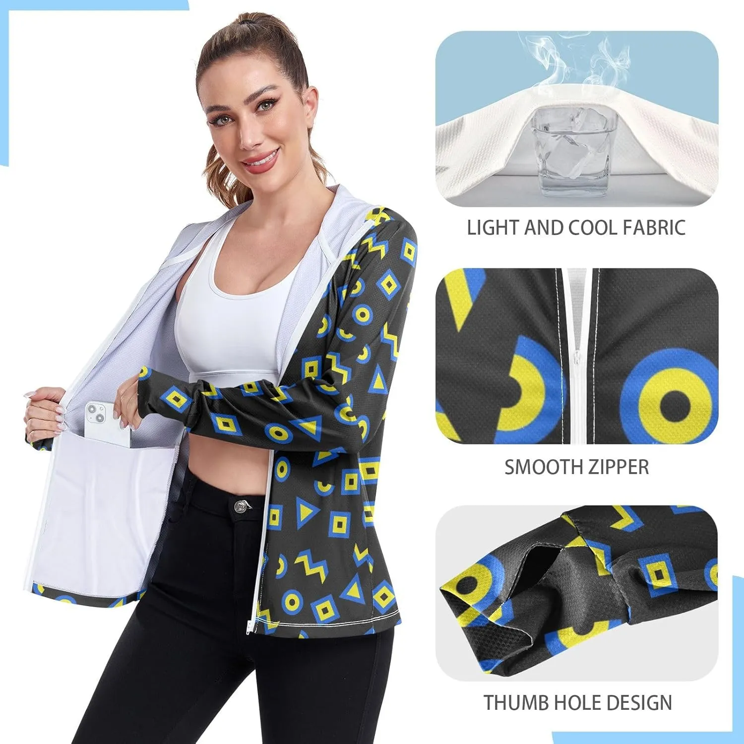 Women'S UPF 50  Uv Sun Protection Clothing 90s Geometric Zipper Jacket Long-Sleeved Hoodie