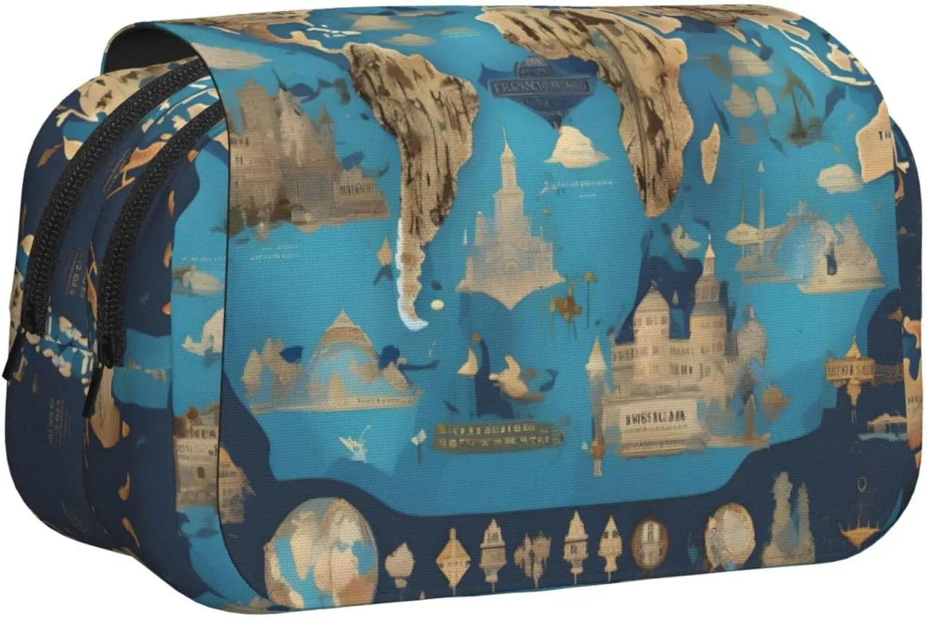 World Geography Map print Pencil Case Box Organizer,Large Capacity Portable Big Pencil Bags with Zipper for Office Home