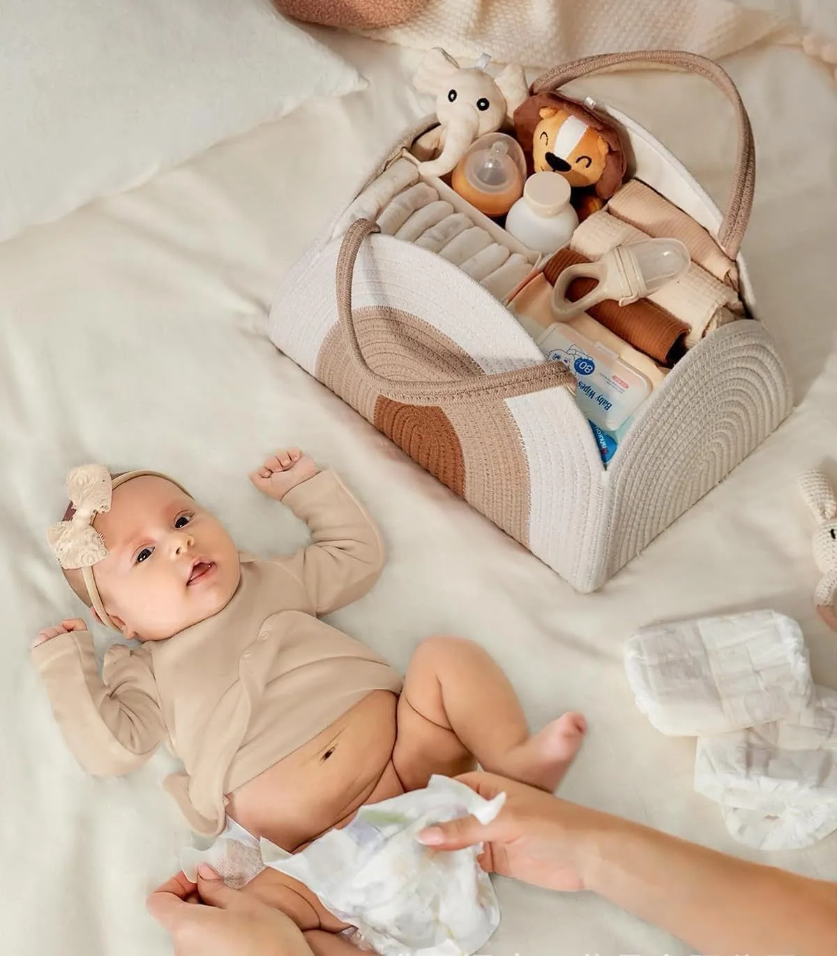 Woven baby diaper basket ins office worker handbag mommy bag cotton rope braided handbag basket