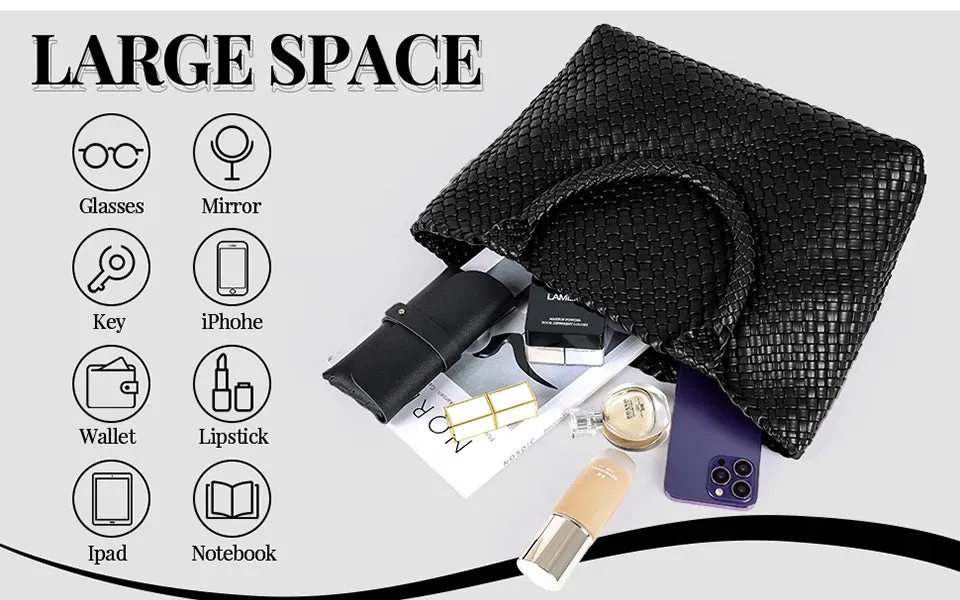 Woven Bags for Women Fashion Top Handle Shoulder Bag Soft Vegan Leather Work Shopper Summer Beach Travel Tote Bag with Purse