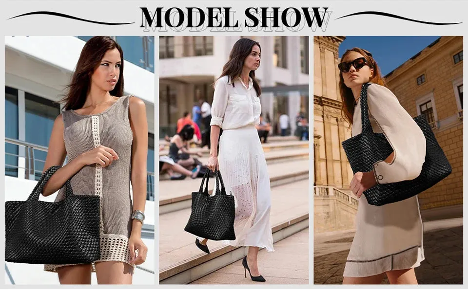Woven Bags for Women Fashion Top Handle Shoulder Bag Soft Vegan Leather Work Shopper Summer Beach Travel Tote Bag with Purse