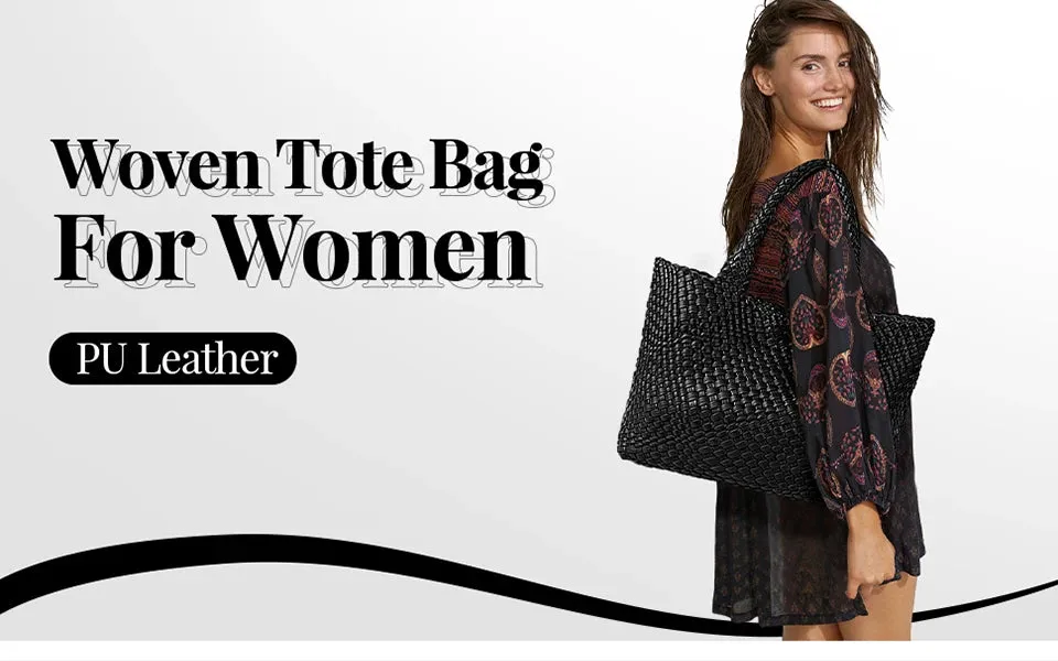 Woven Bags for Women Fashion Top Handle Shoulder Bag Soft Vegan Leather Work Shopper Summer Beach Travel Tote Bag with Purse