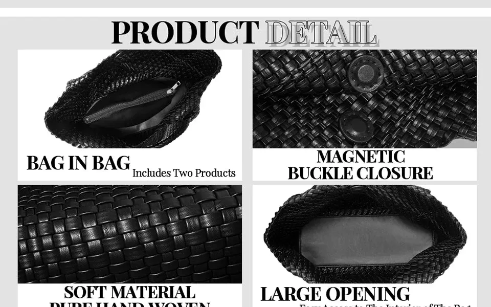 Woven Bags for Women Fashion Top Handle Shoulder Bag Soft Vegan Leather Work Shopper Summer Beach Travel Tote Bag with Purse