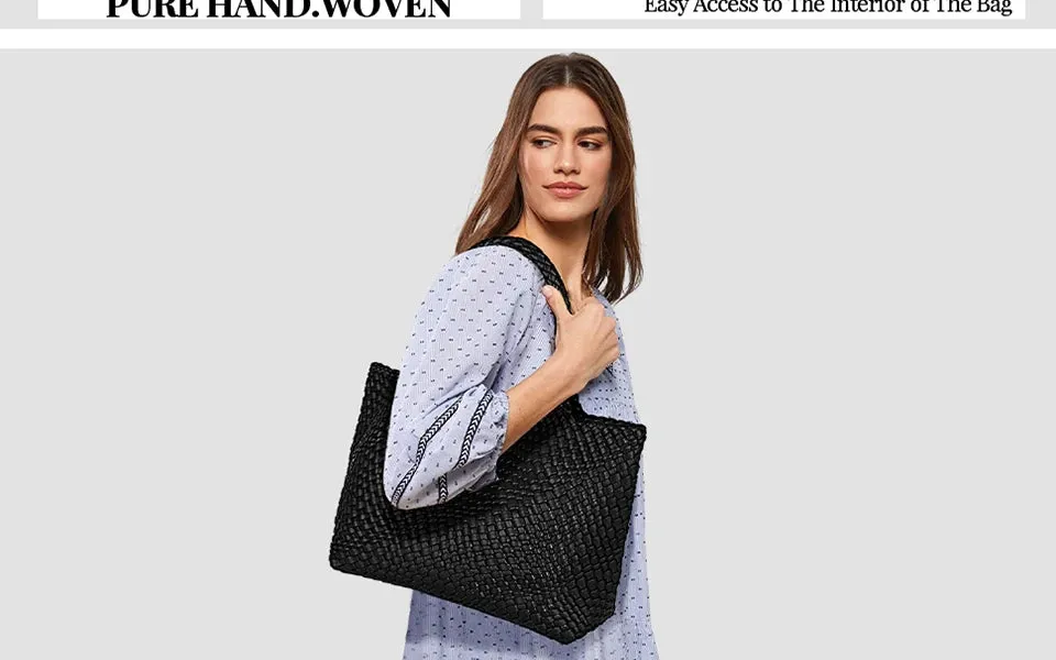 Woven Bags for Women Fashion Top Handle Shoulder Bag Soft Vegan Leather Work Shopper Summer Beach Travel Tote Bag with Purse