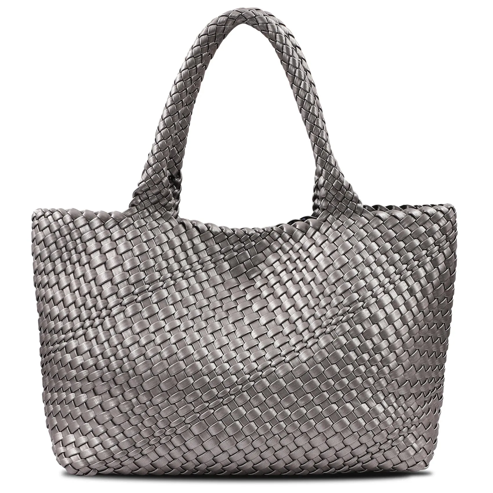 Woven Bags for Women Fashion Top Handle Shoulder Bag Soft Vegan Leather Work Shopper Summer Beach Travel Tote Bag with Purse