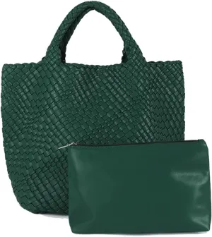 Woven Beach Tote Bag, Women Macaron Soft Leather Weave Handbag with Purse Top-handle Handbag for Work Travel