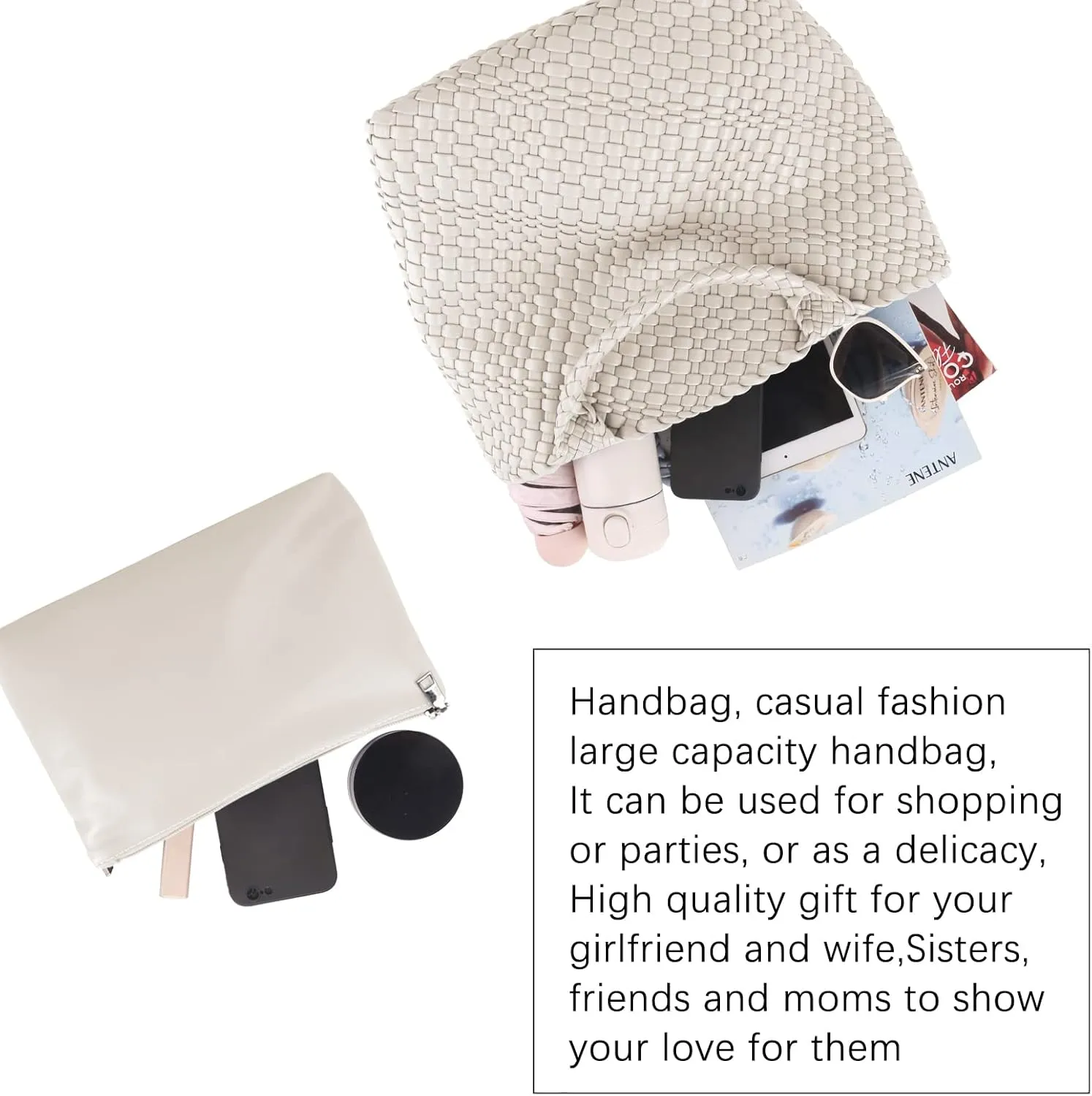 Woven Beach Tote Bag, Women Macaron Soft Leather Weave Handbag with Purse Top-handle Handbag for Work Travel