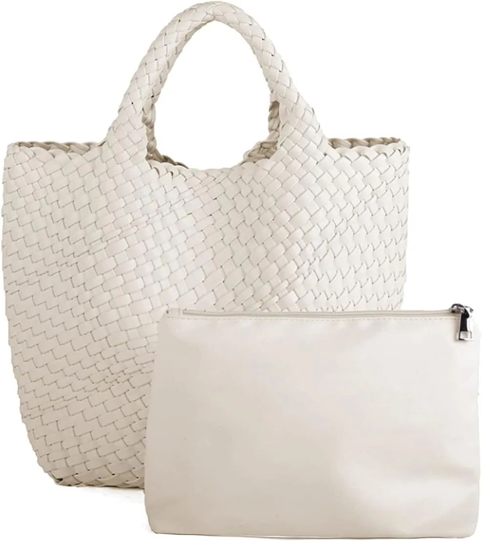 Woven Beach Tote Bag, Women Macaron Soft Leather Weave Handbag with Purse Top-handle Handbag for Work Travel