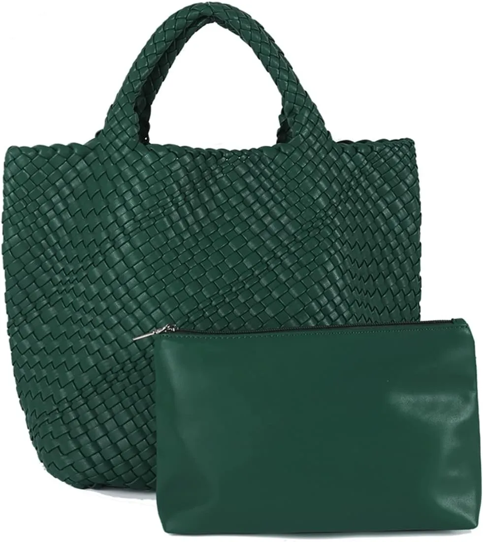 Woven Beach Tote Bag, Women Macaron Soft Leather Weave Handbag with Purse Top-handle Handbag for Work Travel
