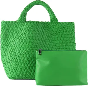 Woven Beach Tote Bag, Women Macaron Soft Leather Weave Handbag with Purse Top-handle Handbag for Work Travel