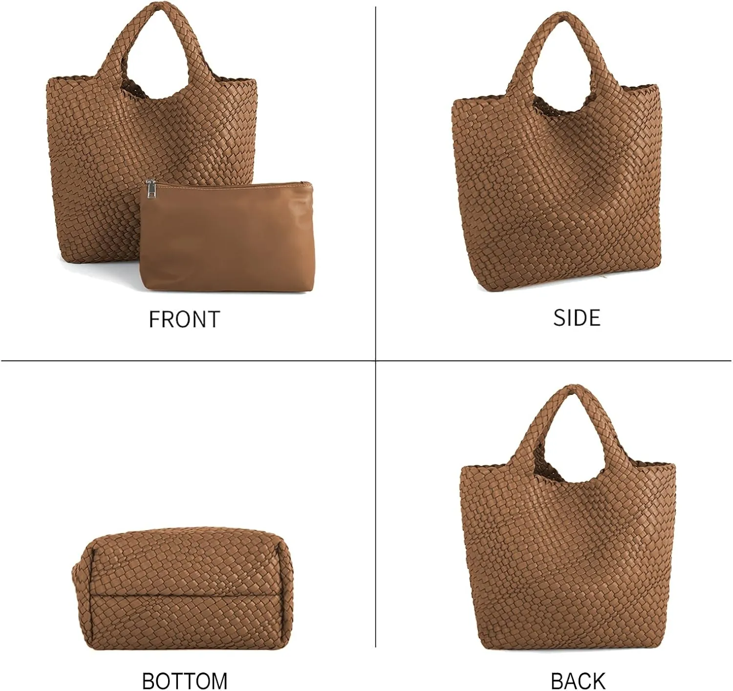Woven Beach Tote Bag, Women Macaron Soft Leather Weave Handbag with Purse Top-handle Handbag for Work Travel