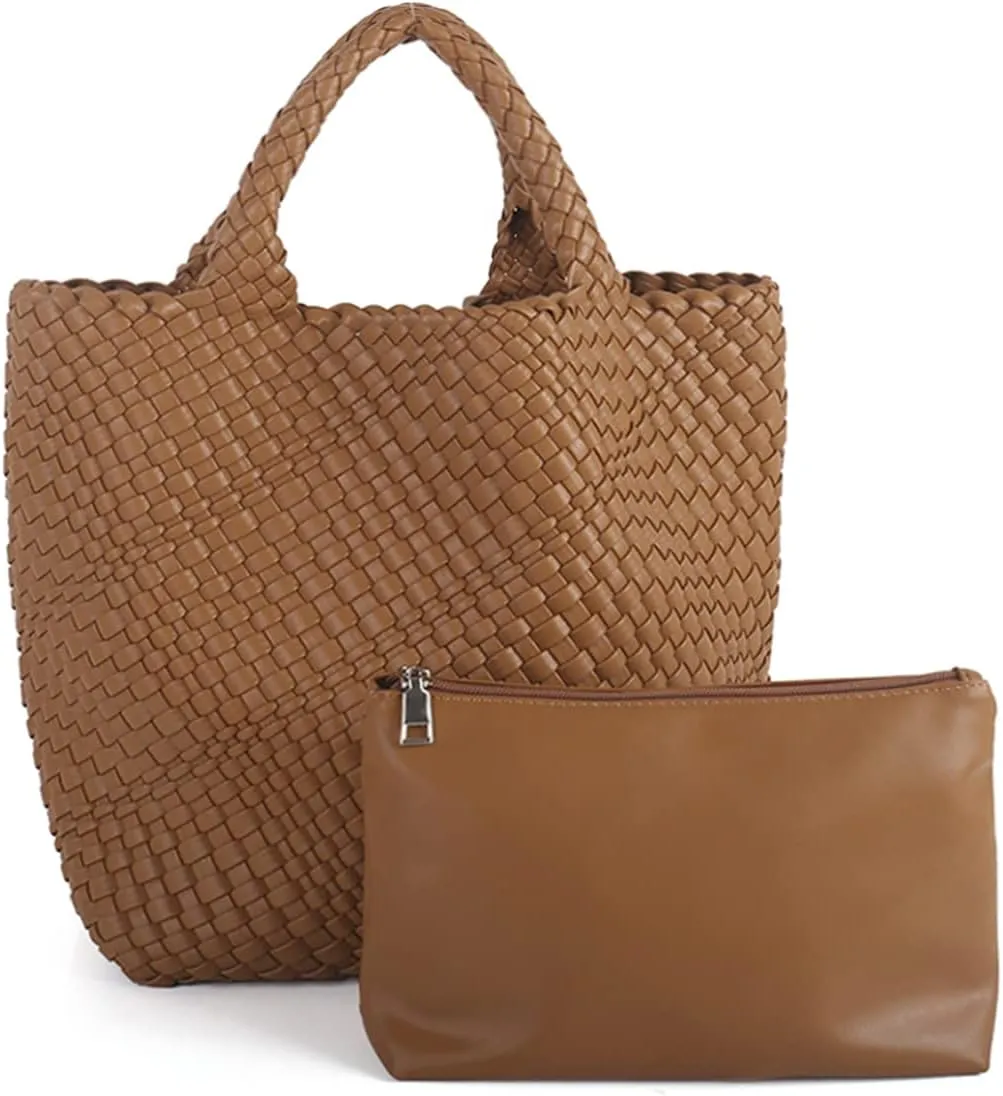 Woven Beach Tote Bag, Women Macaron Soft Leather Weave Handbag with Purse Top-handle Handbag for Work Travel