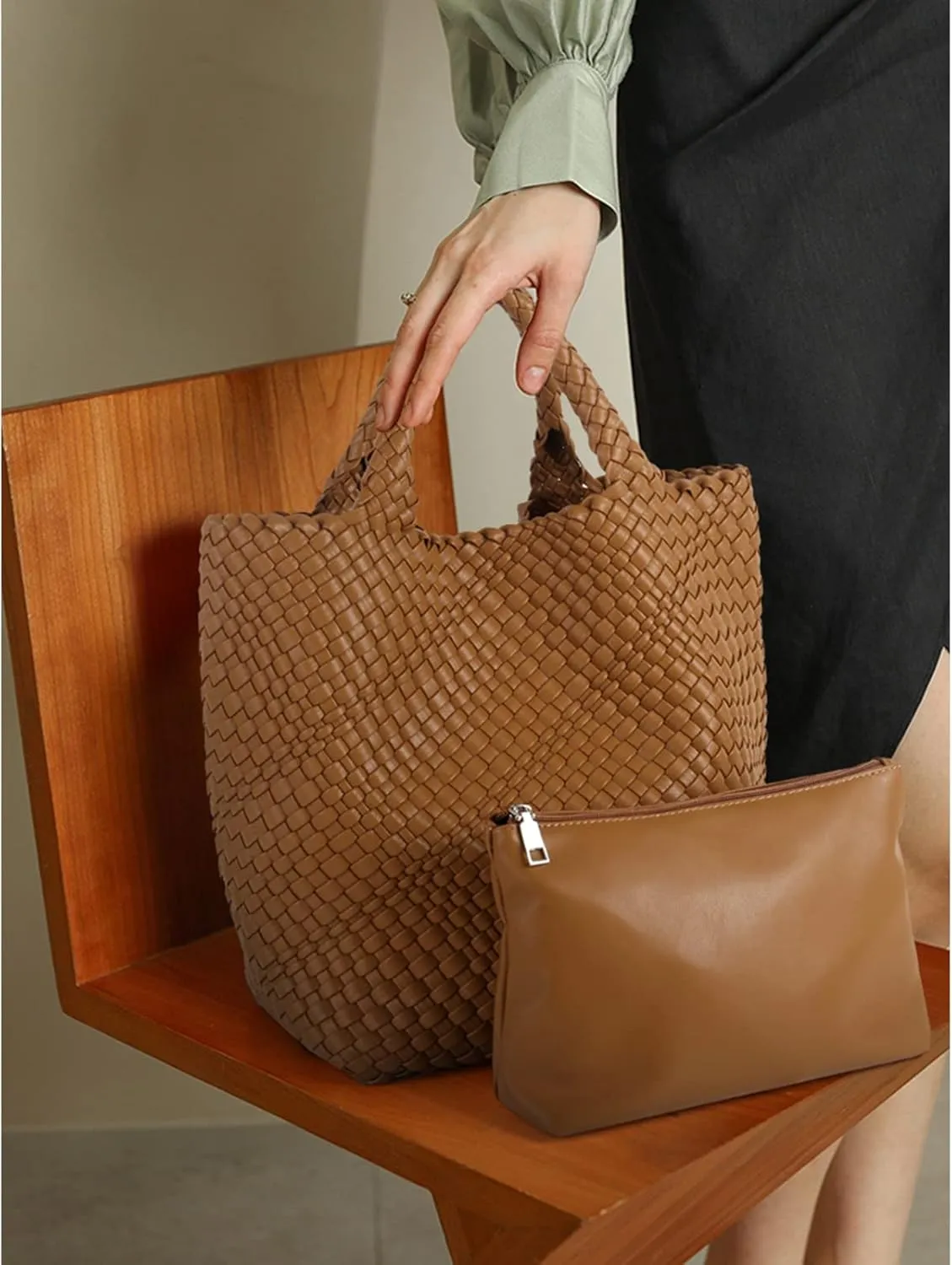 Woven Beach Tote Bag, Women Macaron Soft Leather Weave Handbag with Purse Top-handle Handbag for Work Travel