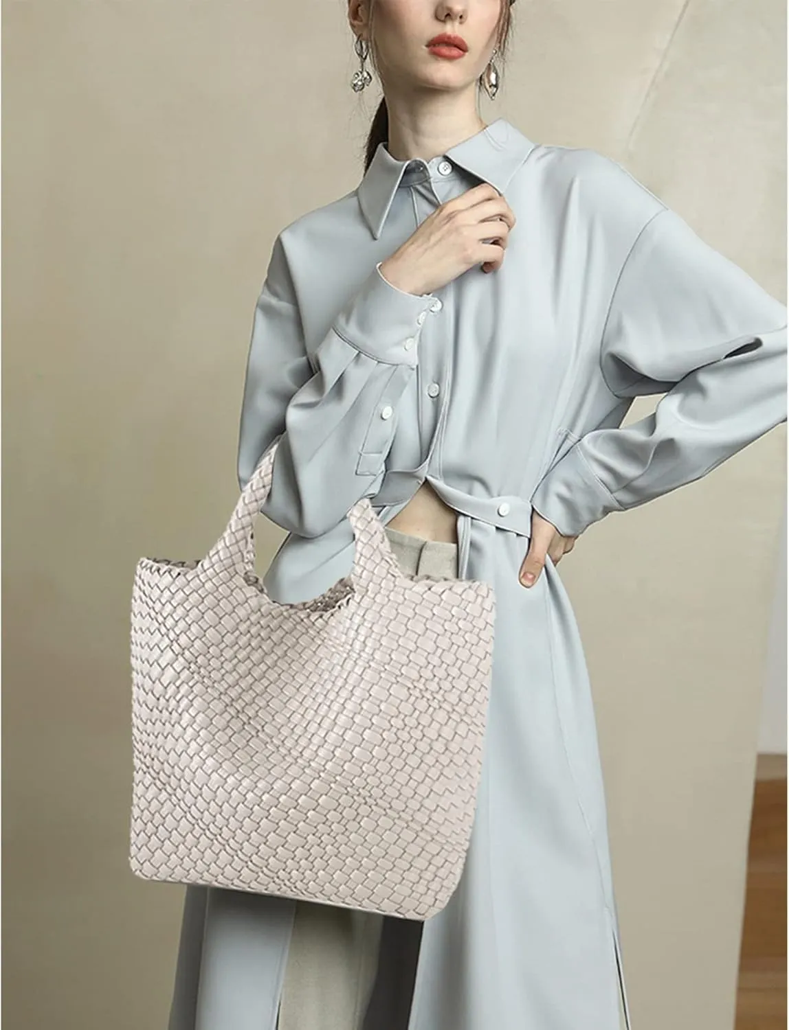 Woven Beach Tote Bag, Women Macaron Soft Leather Weave Handbag with Purse Top-handle Handbag for Work Travel