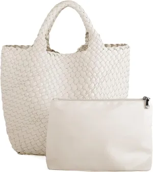 Woven Beach Tote Bag, Women Macaron Soft Leather Weave Handbag with Purse Top-handle Handbag for Work Travel