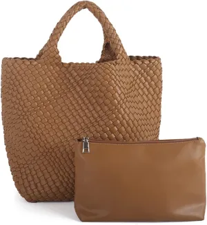 Woven Beach Tote Bag, Women Macaron Soft Leather Weave Handbag with Purse Top-handle Handbag for Work Travel