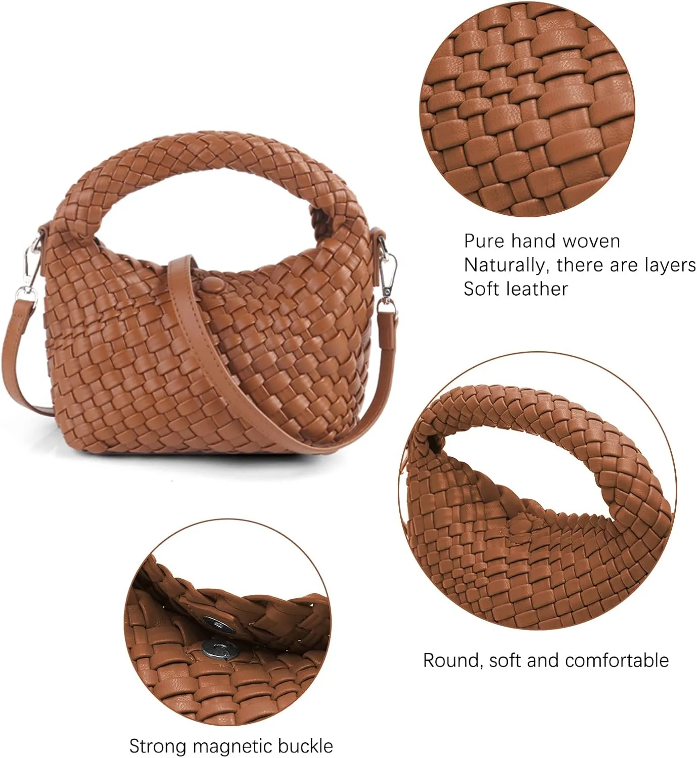 Woven Crossbody Bag Small Tote Cute Purse for Women,Top Handle Handbag Pu Leather Shoulderbag with Detachable Strap