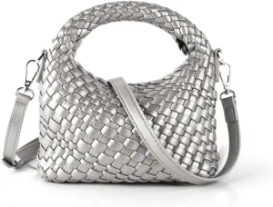 Woven Crossbody Bag Small Tote Cute Purse for Women,Top Handle Handbag Pu Leather Shoulderbag with Detachable Strap