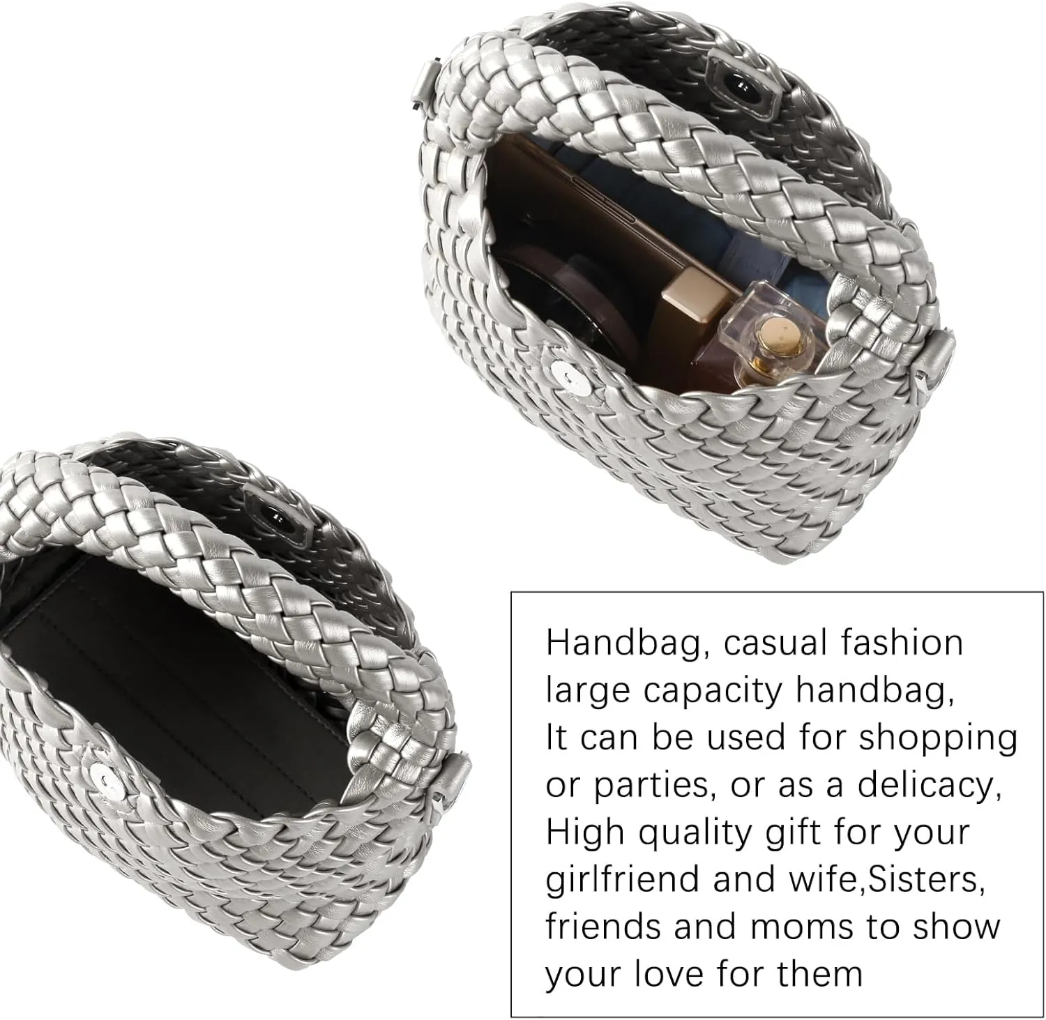 Woven Crossbody Bag Small Tote Cute Purse for Women,Top Handle Handbag Pu Leather Shoulderbag with Detachable Strap