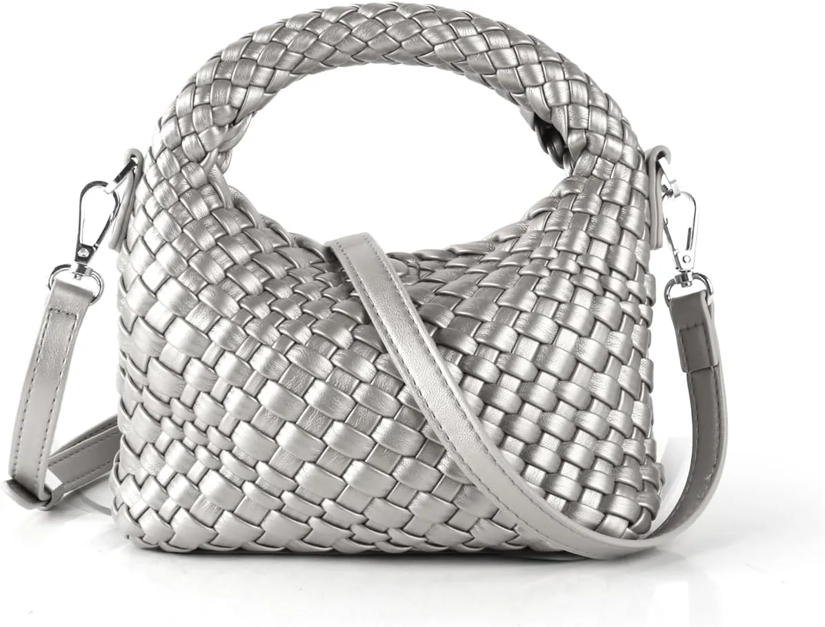 Woven Crossbody Bag Small Tote Cute Purse for Women,Top Handle Handbag Pu Leather Shoulderbag with Detachable Strap