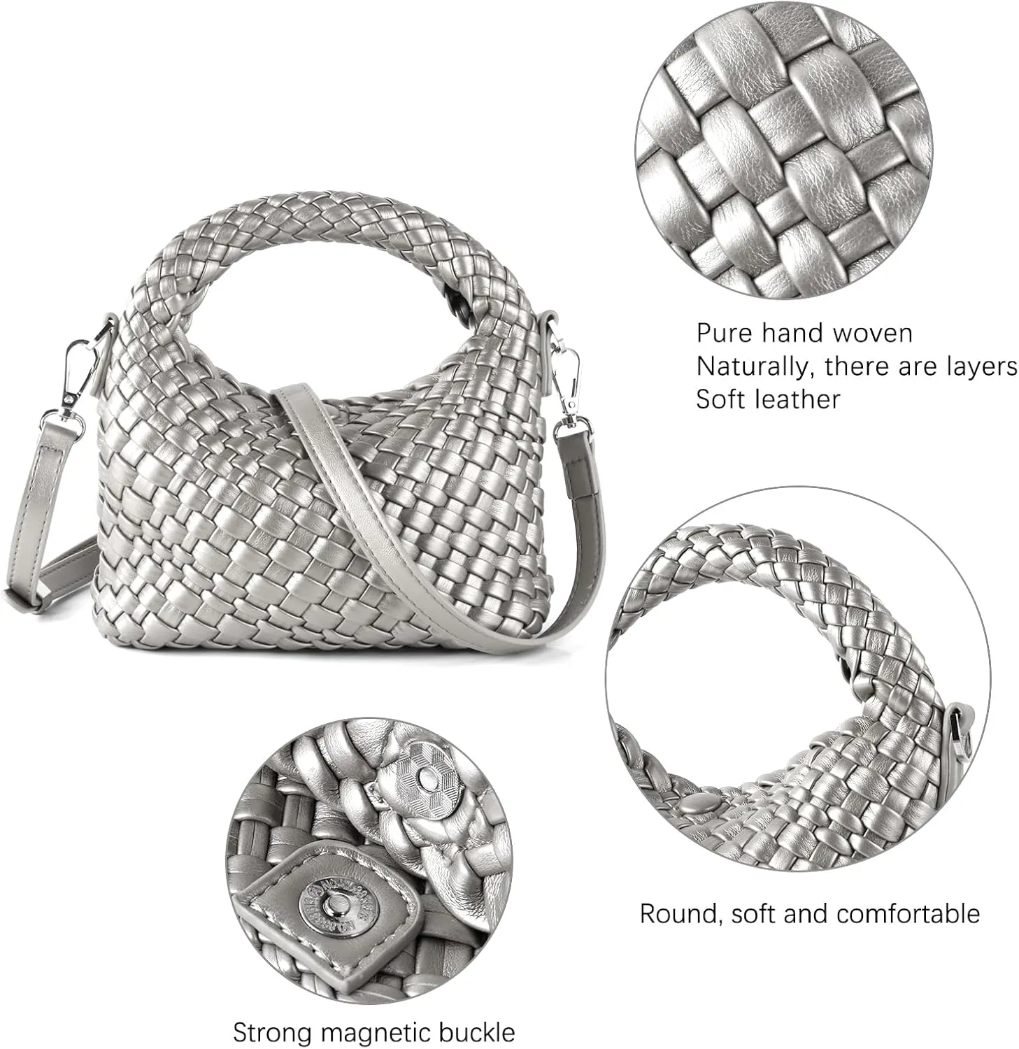 Woven Crossbody Bag Small Tote Cute Purse for Women,Top Handle Handbag Pu Leather Shoulderbag with Detachable Strap