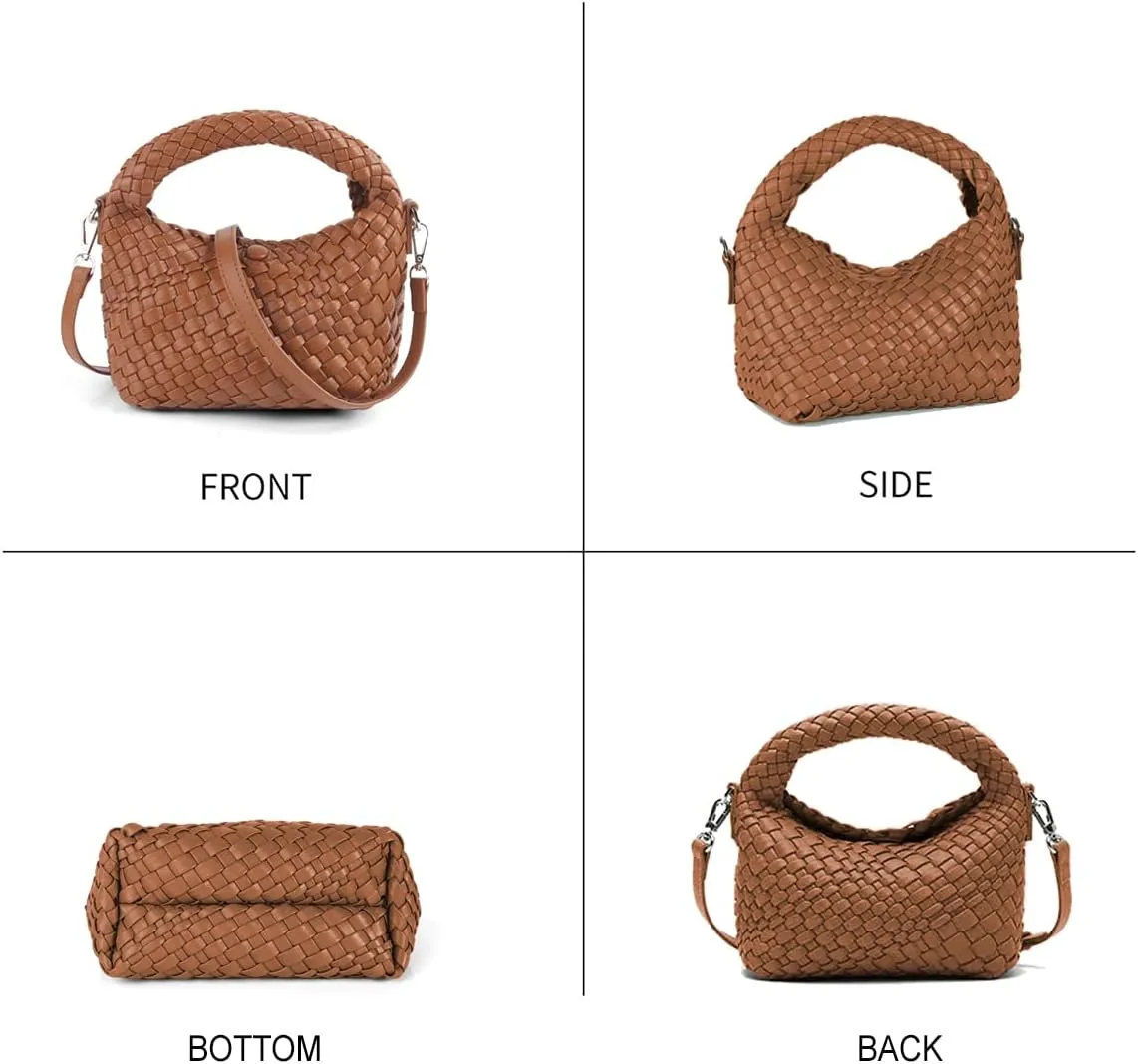 Woven Crossbody Bag Small Tote Cute Purse for Women,Top Handle Handbag Pu Leather Shoulderbag with Detachable Strap