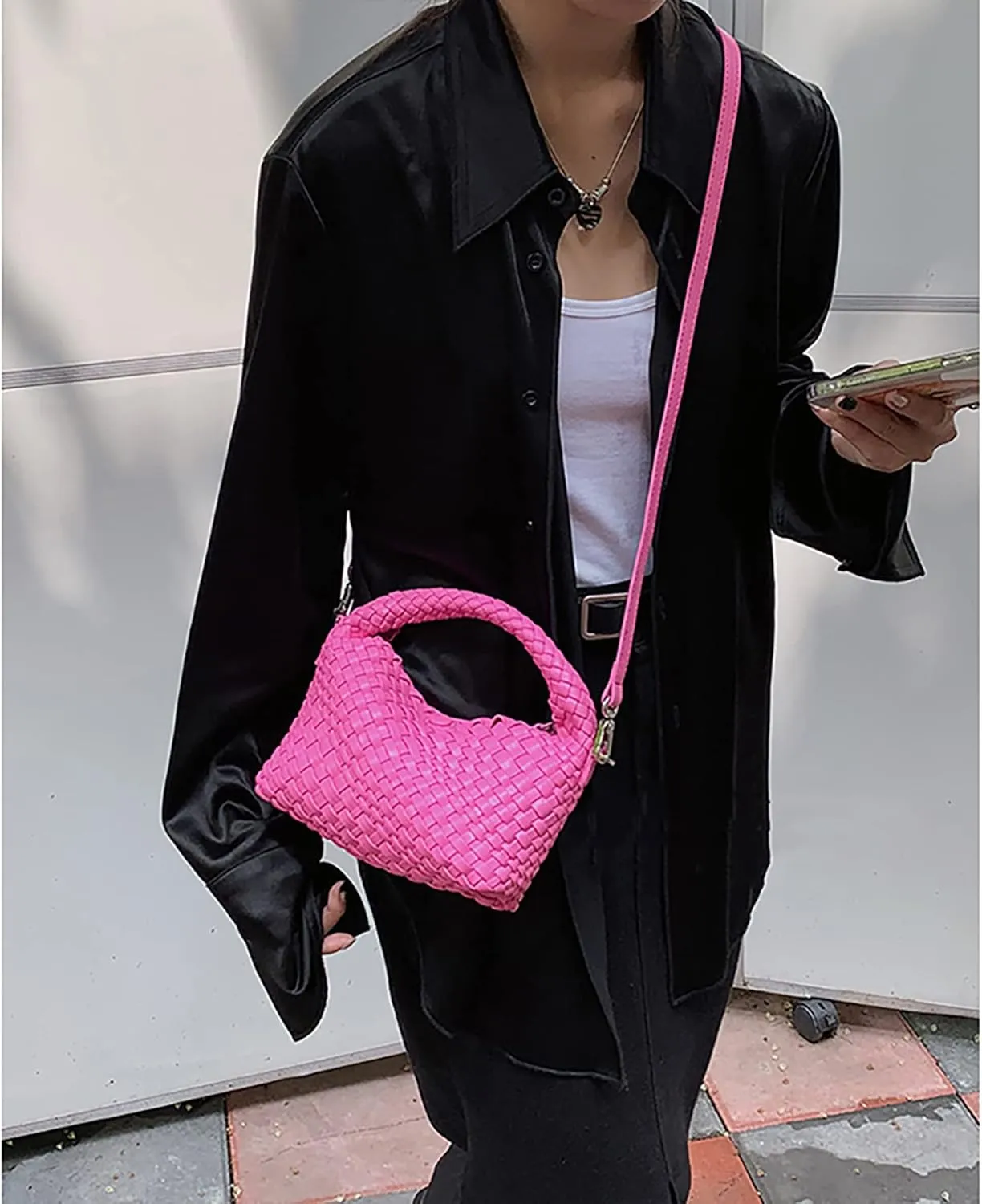 Woven Purse For Women, Small Crossbody Tote Bag with Detachable Shoulder Strap, Girls Top Handle Handbag