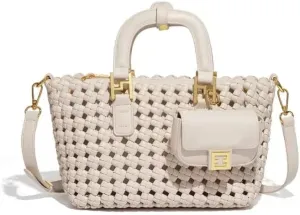 Woven Shoulder Bag for Women - Womens Leather Large Tote Bags for Women Woven Purse Travel Shopper Beach Bag
