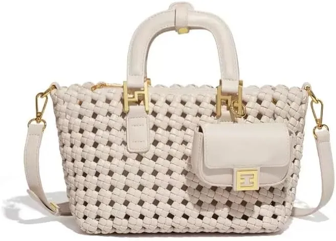 Woven Shoulder Bag for Women - Womens Leather Large Tote Bags for Women Woven Purse Travel Shopper Beach Bag