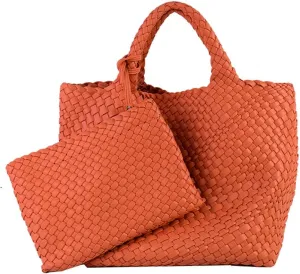 Woven Tote Bag, Women Macaron Soft Leather Weave Handbag Purse Wrist Bag Large Capacity Work Shopping Travel Daily