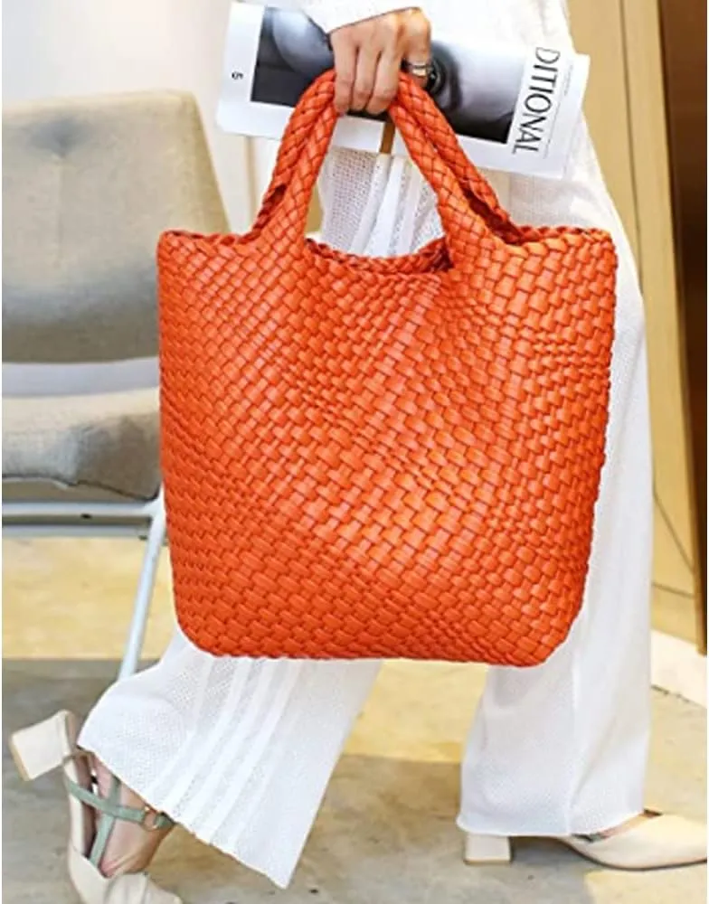 Woven Tote Bag, Women Macaron Soft Leather Weave Handbag Purse Wrist Bag Large Capacity Work Shopping Travel Daily
