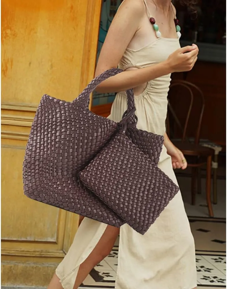 Woven Tote Bag, Women Macaron Soft Leather Weave Handbag Purse Wrist Bag Large Capacity Work Shopping Travel Daily