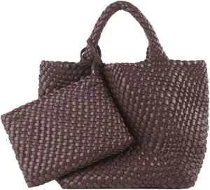 Woven Tote Bag, Women Macaron Soft Leather Weave Handbag Purse Wrist Bag Large Capacity Work Shopping Travel Daily