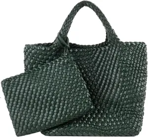 Woven Tote Bag, Women Macaron Soft Leather Weave Handbag Purse Wrist Bag Large Capacity Work Shopping Travel Daily