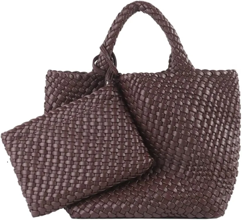 Woven Tote Bag, Women Macaron Soft Leather Weave Handbag Purse Wrist Bag Large Capacity Work Shopping Travel Daily