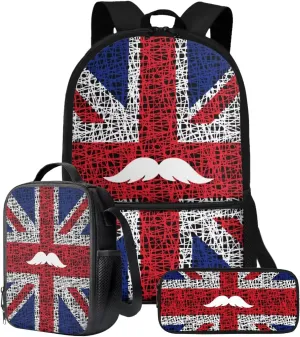 Xoenoiee UK Flag Mesh Pattern Backpack Set with 17in Backpack Lunch Bag & Pencil Case, Schoolbag Sets for Boy Girl Students for School Travel Picnic