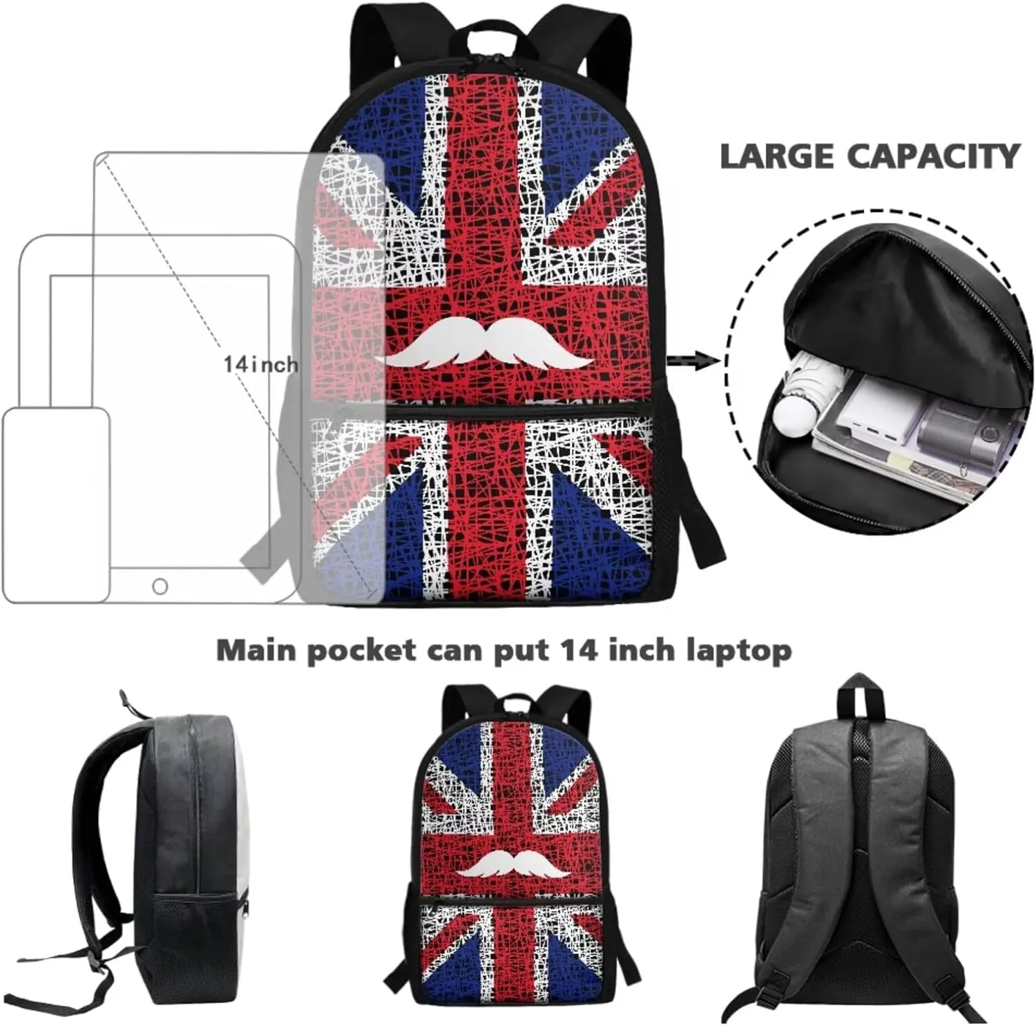 Xoenoiee UK Flag Mesh Pattern Backpack Set with 17in Backpack Lunch Bag & Pencil Case, Schoolbag Sets for Boy Girl Students for School Travel Picnic
