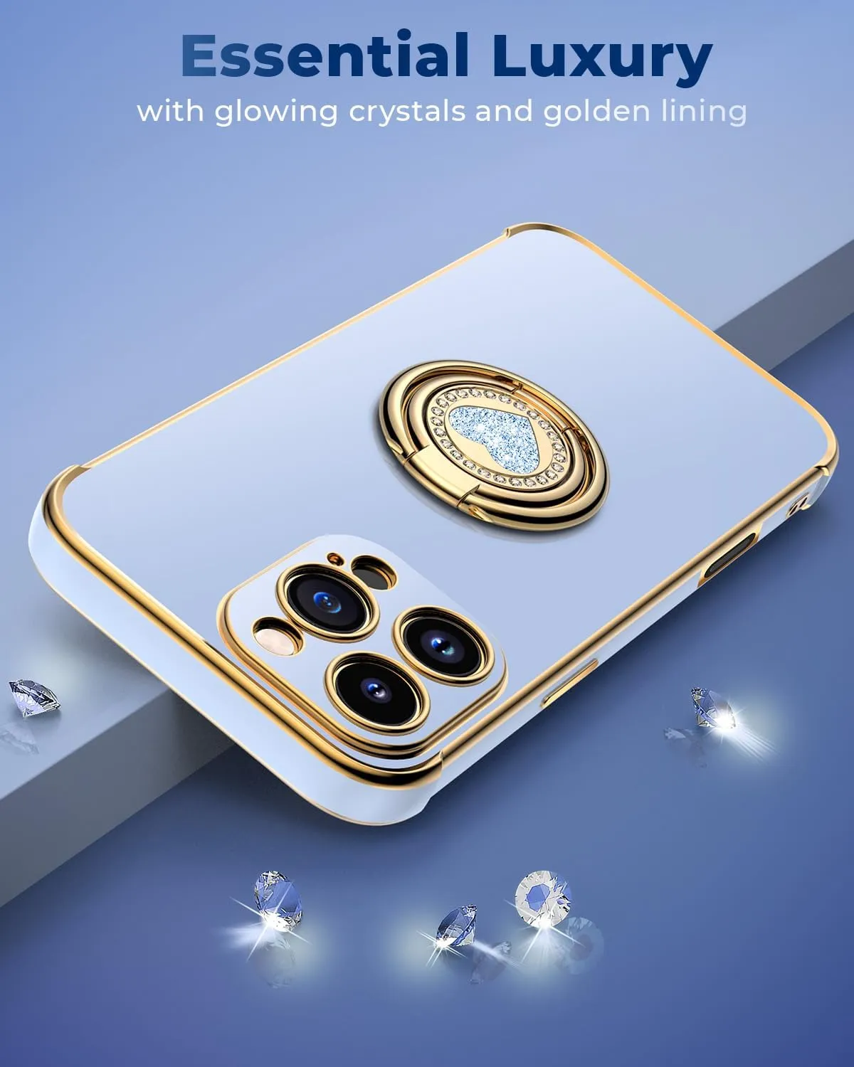 XYZ for iPhone 16 Pro Case with Stand, Phone Case with Double Ring Kickstand, Women Girls Bling Luxury Protective Case Heart for iPhone 16 Pro, Blue