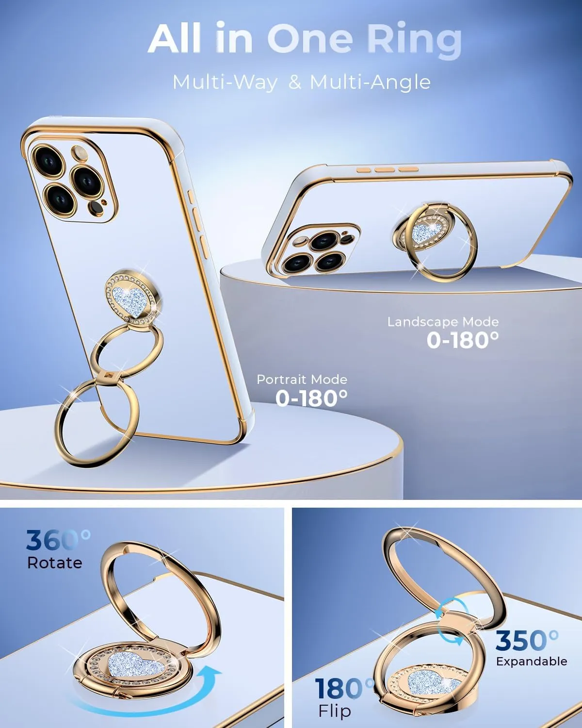XYZ for iPhone 16 Pro Case with Stand, Phone Case with Double Ring Kickstand, Women Girls Bling Luxury Protective Case Heart for iPhone 16 Pro, Blue