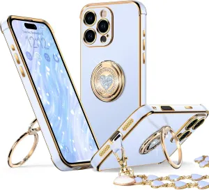 XYZ for iPhone 16 Pro Case with Stand, Phone Case with Double Ring Kickstand, Women Girls Bling Luxury Protective Case Heart for iPhone 16 Pro, Blue